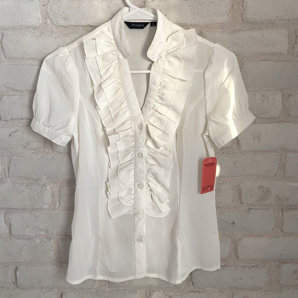 Aonfei White Ruffled Blouse V-Neck Size S